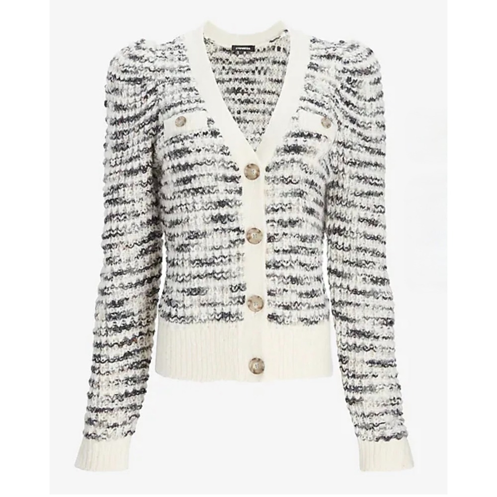 Express Space Dye Button-Up Cropped Cozy Cardigan Cream Navy‎ Puff Sleeve / XS